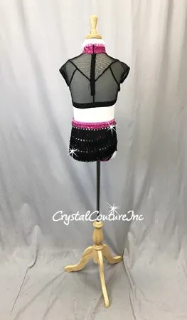 Fuchsia/Black/Grey 2 Pc Top & Boy Shorts w/Fringe - Swarovski Rhinestones