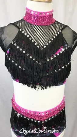 Fuchsia/Black/Grey 2 Pc Top & Boy Shorts w/Fringe - Swarovski Rhinestones