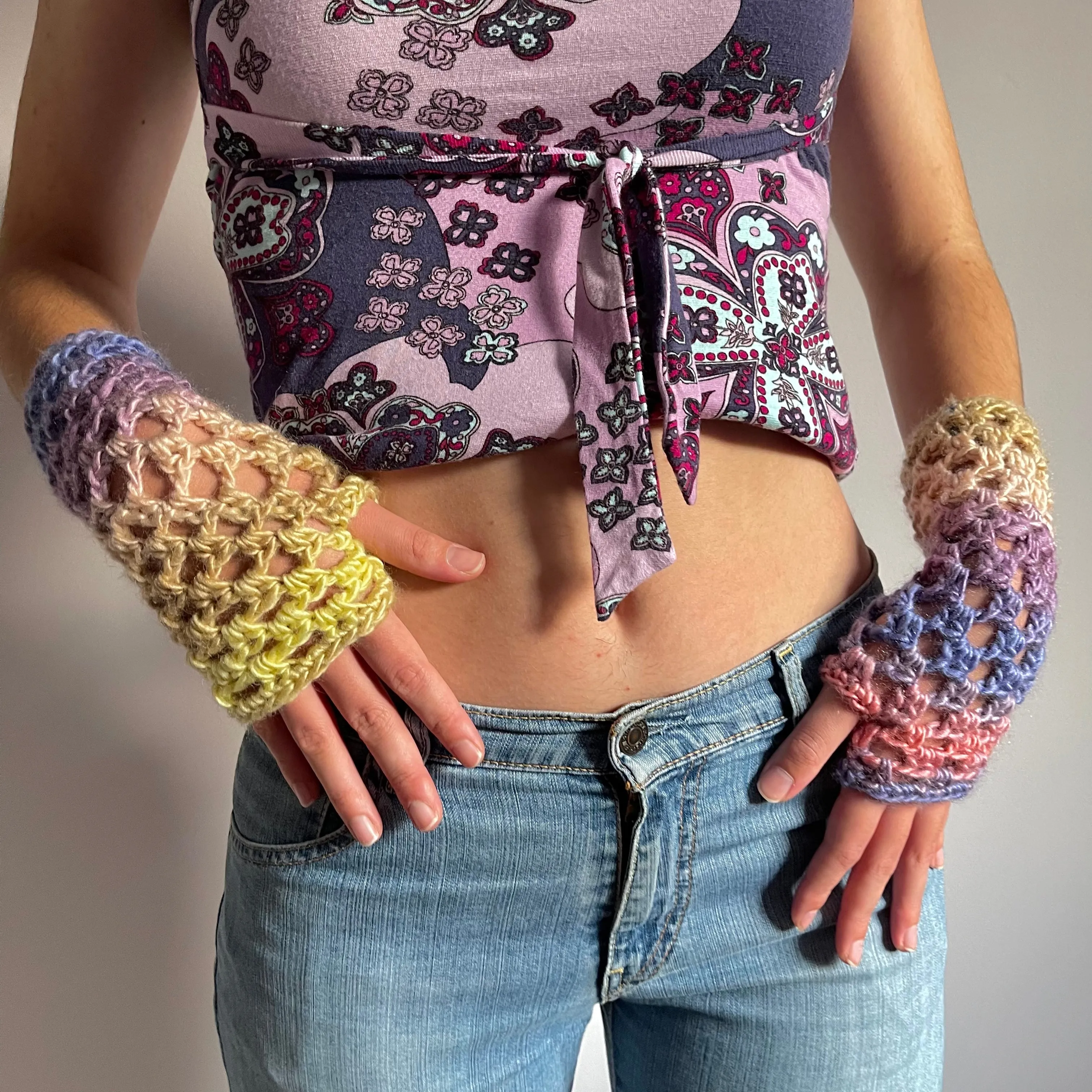 Handmade Candy crochet fishnet hand warmers