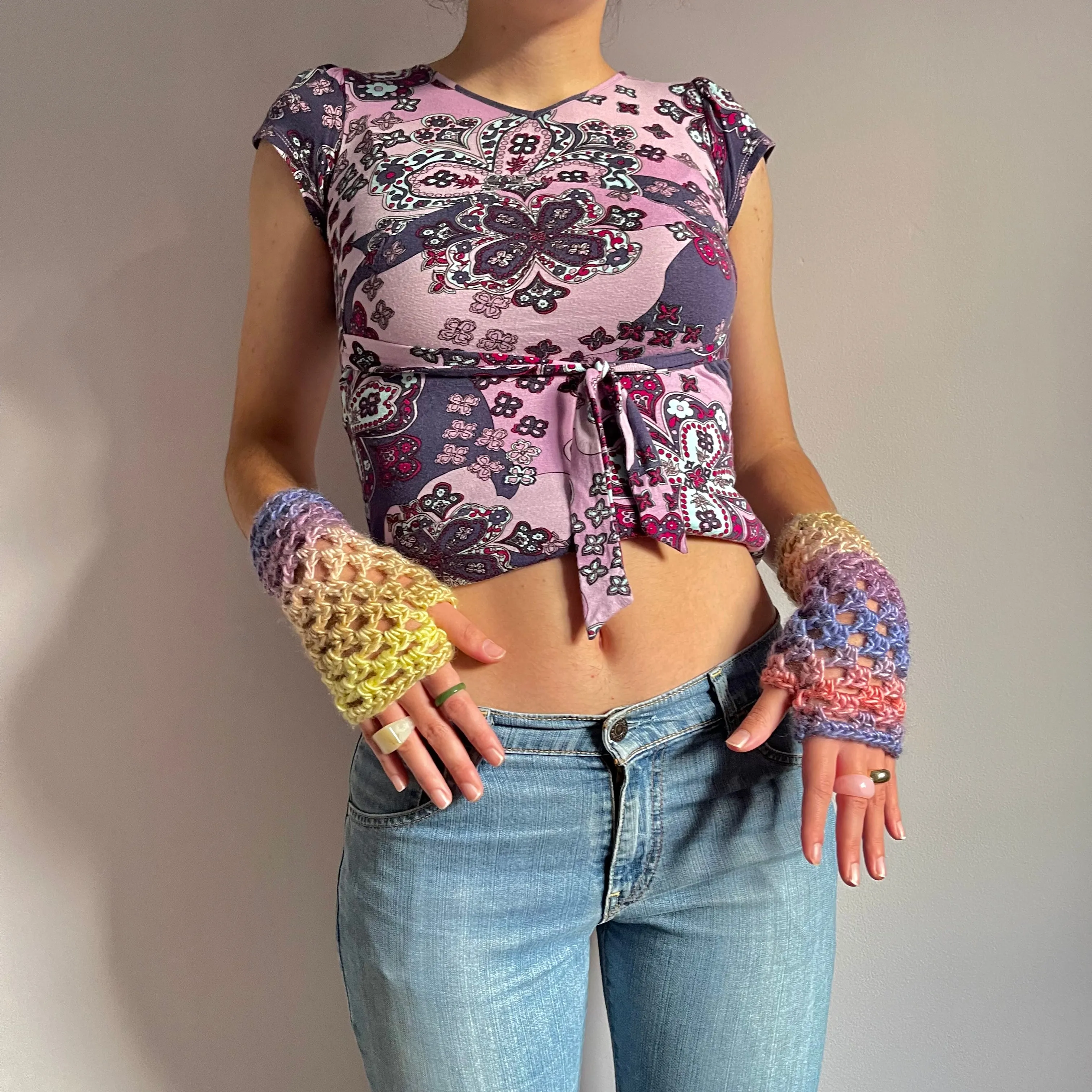 Handmade Candy crochet fishnet hand warmers