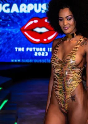 Hologram Highcut Sideboob One Piece in Gold Tiger
