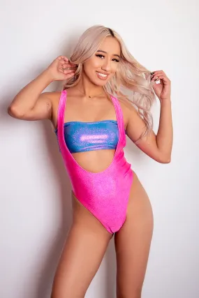 Hologram Suspender Thongback Swimsuit in Neon Pink