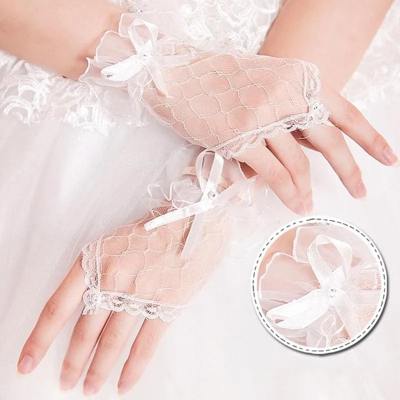 Lace Bowknot Fingerless Cheap Short Wedding Gloves | Bridelily