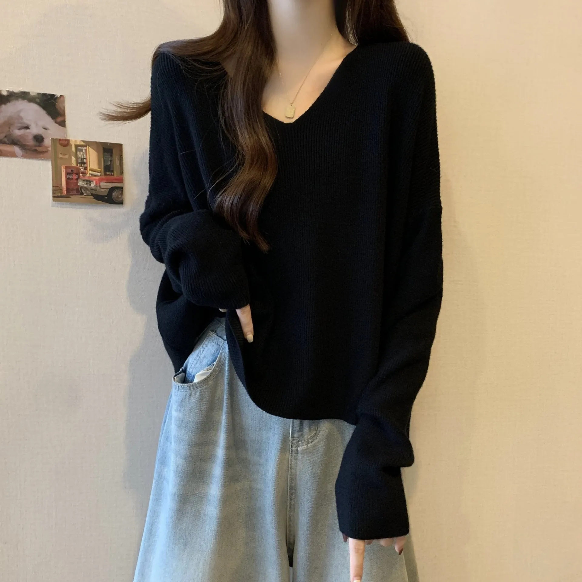 Lanfubeisi duo costumes Plus Size V-neck Sweater Women's Autumn and Winter Lazy Style Chubby Girl Loose Slimming Batwing Sleeve Pullover Sweater