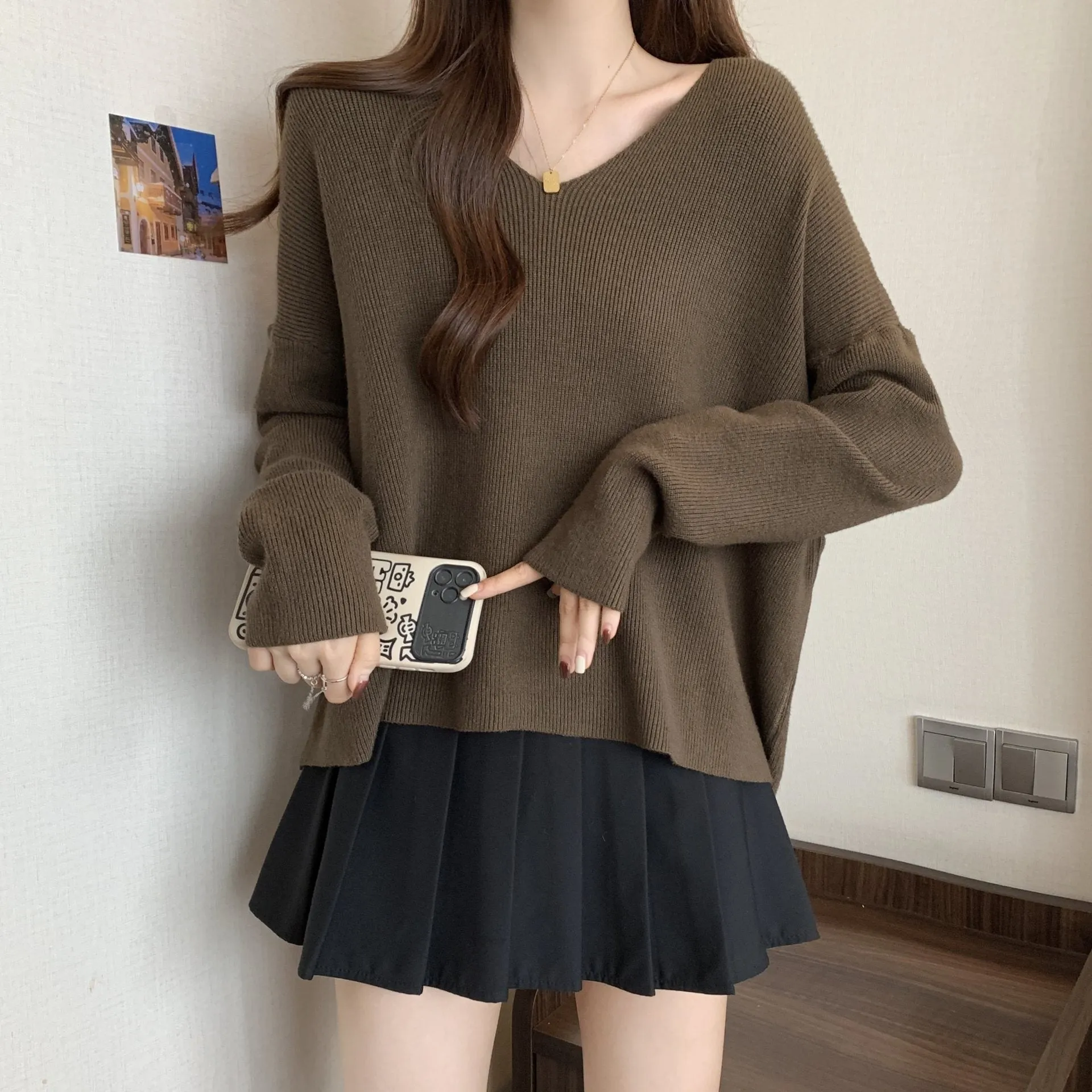 Lanfubeisi duo costumes Plus Size V-neck Sweater Women's Autumn and Winter Lazy Style Chubby Girl Loose Slimming Batwing Sleeve Pullover Sweater
