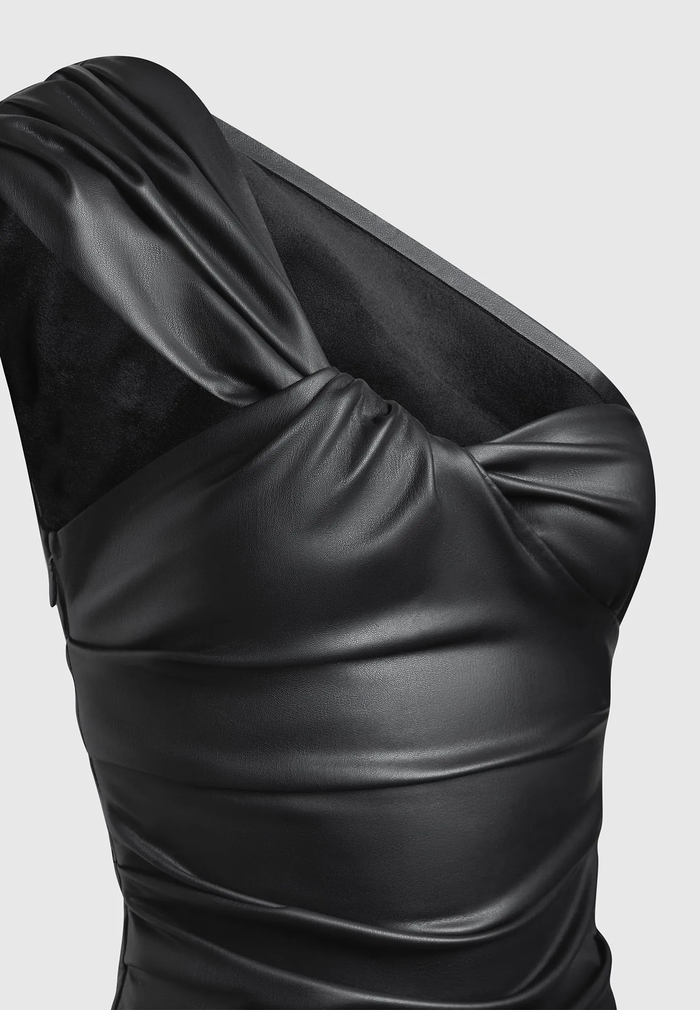 Leather Gathered Bodysuit with Sleeves - Black