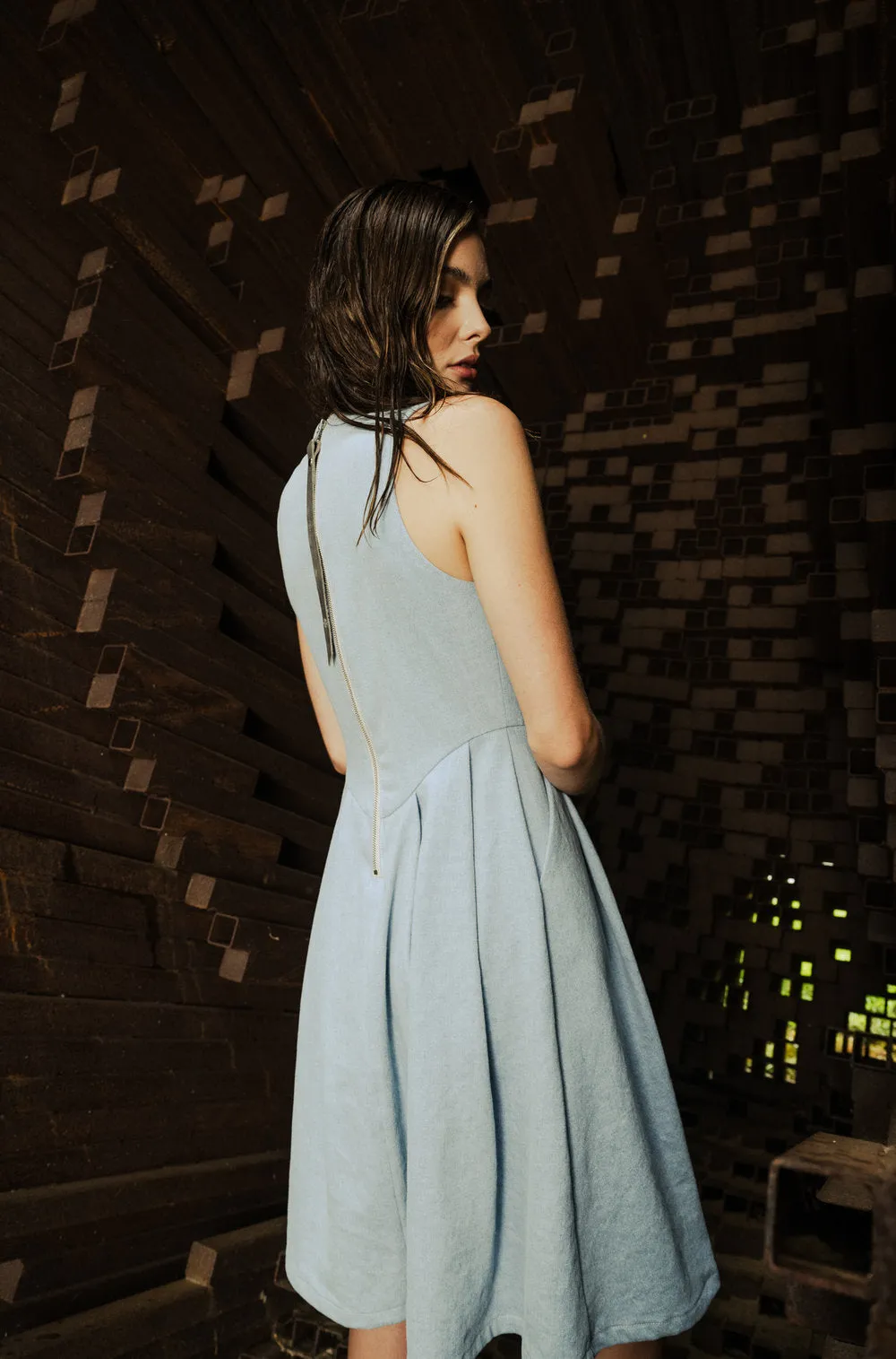 Luana Fitted Dress in Washed Denim
