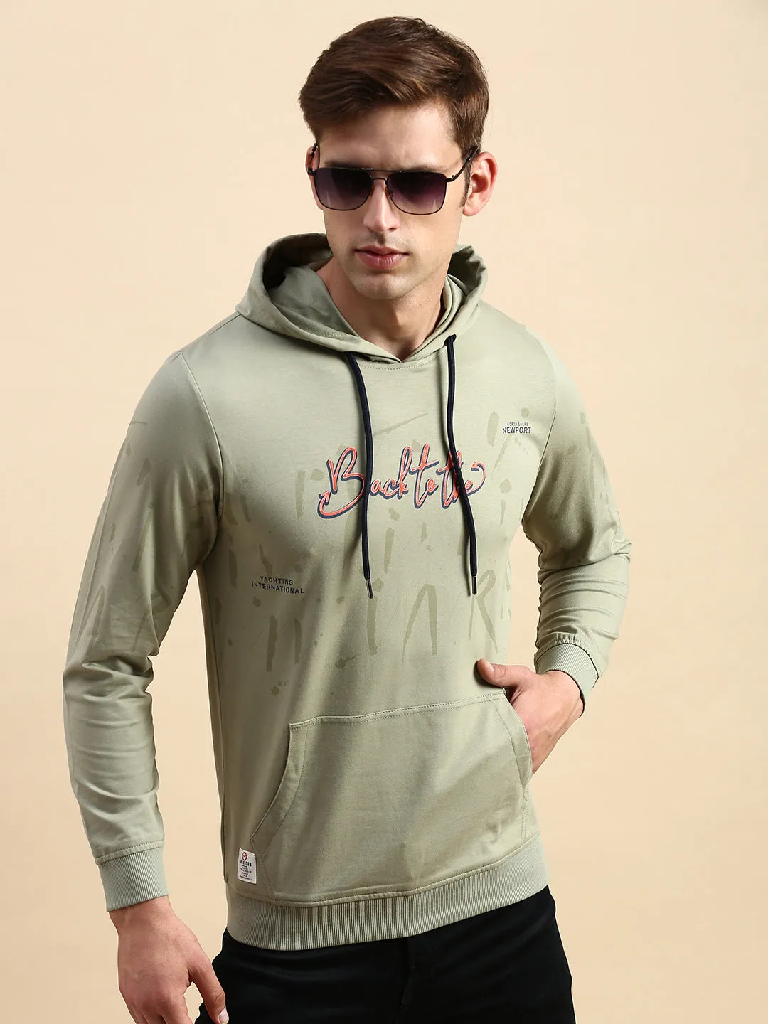Men Green Printed Casual Hoodie