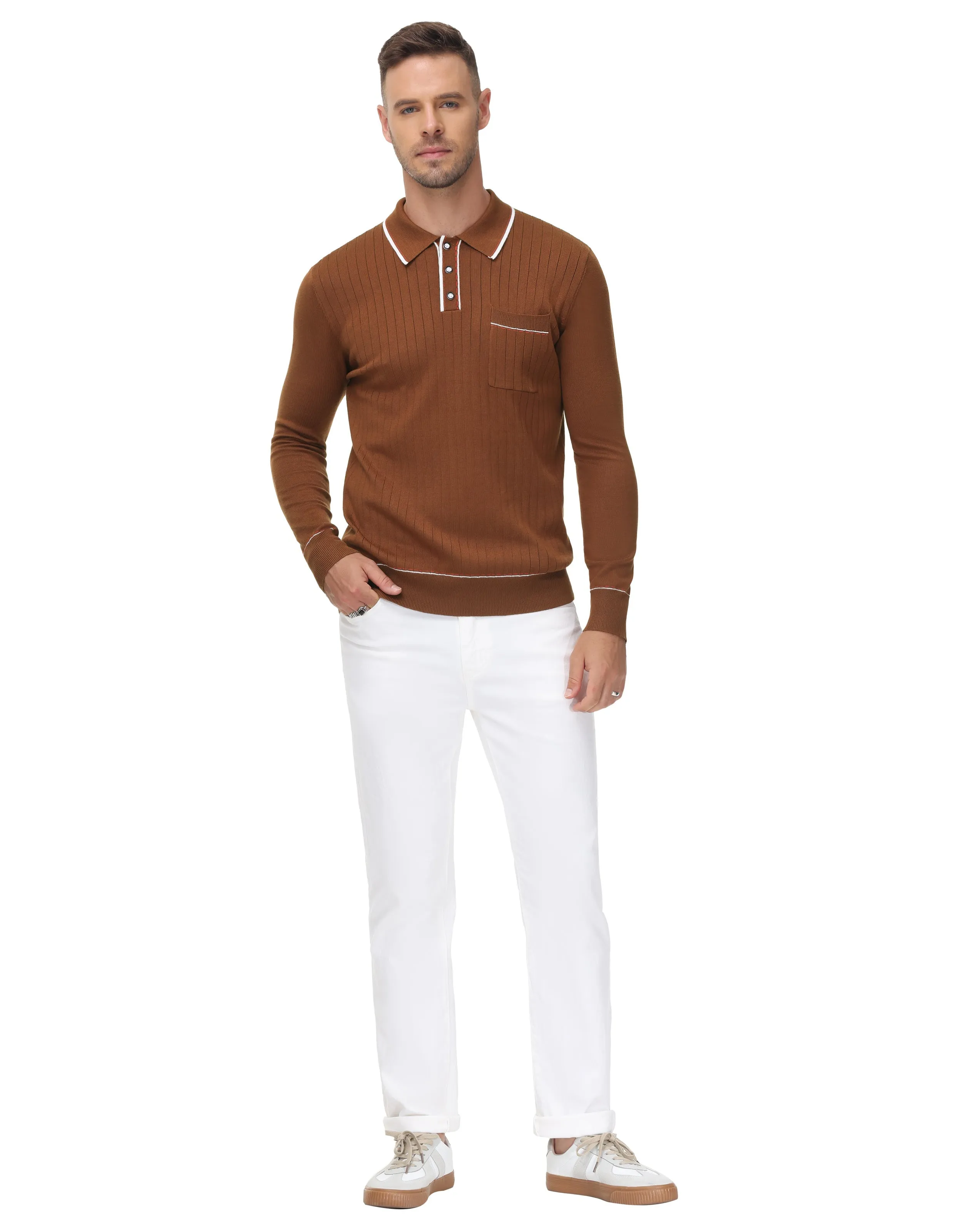Men Ribbed Sweater Long Sleeve Lapel Collar Button-up Neck Pullover Knitwear