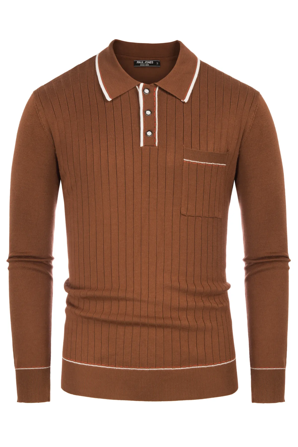 Men Ribbed Sweater Long Sleeve Lapel Collar Button-up Neck Pullover Knitwear