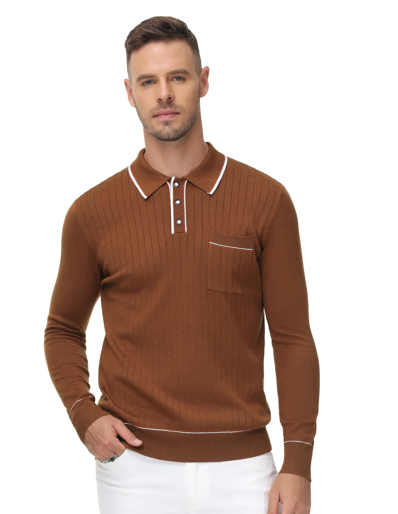 Men Ribbed Sweater Long Sleeve Lapel Collar Button-up Neck Pullover Knitwear
