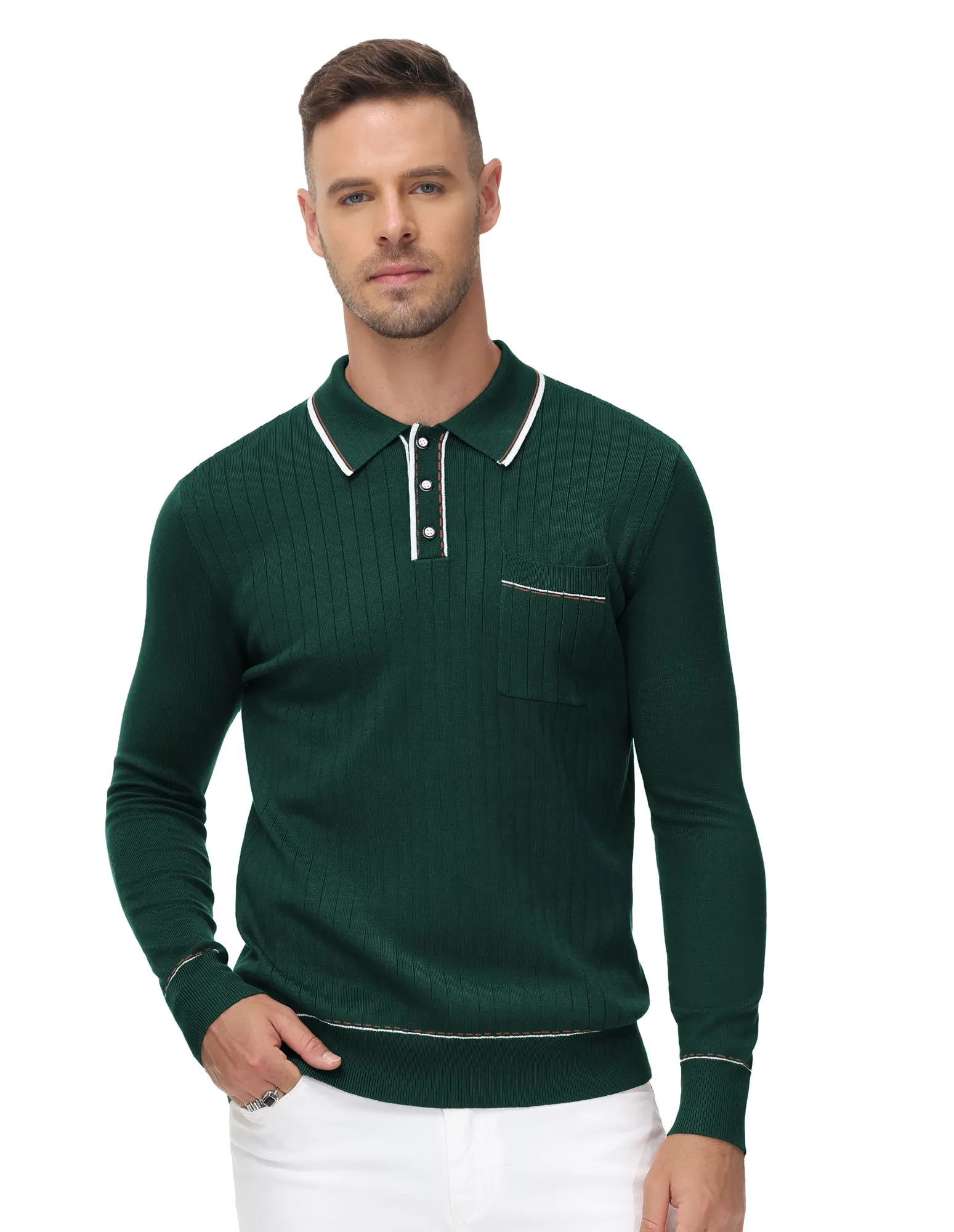 Men Ribbed Sweater Long Sleeve Lapel Collar Button-up Neck Pullover Knitwear