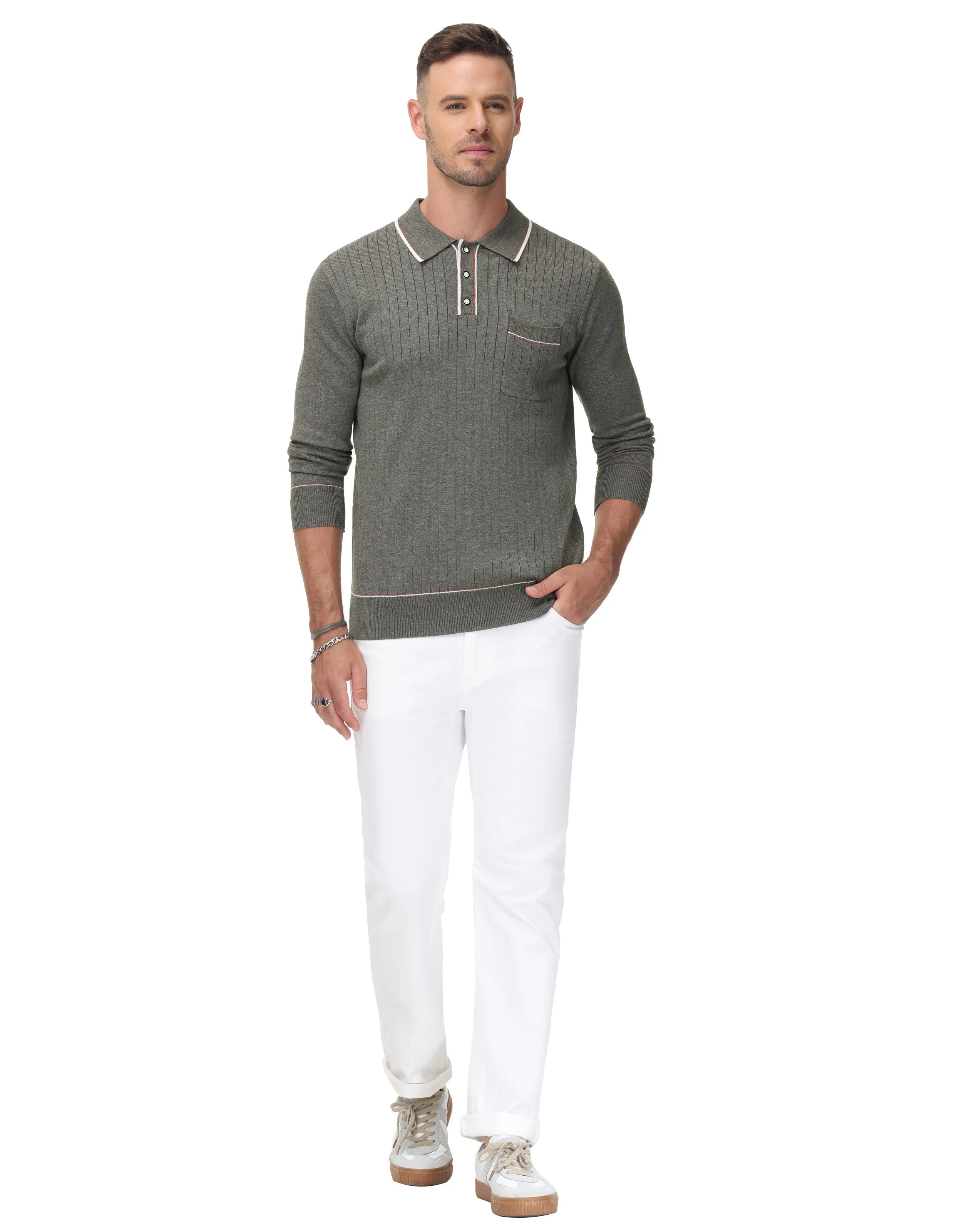 Men Ribbed Sweater Long Sleeve Lapel Collar Button-up Neck Pullover Knitwear