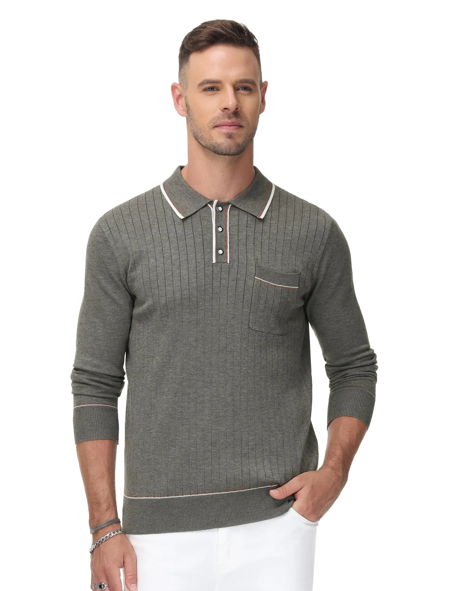 Men Ribbed Sweater Long Sleeve Lapel Collar Button-up Neck Pullover Knitwear