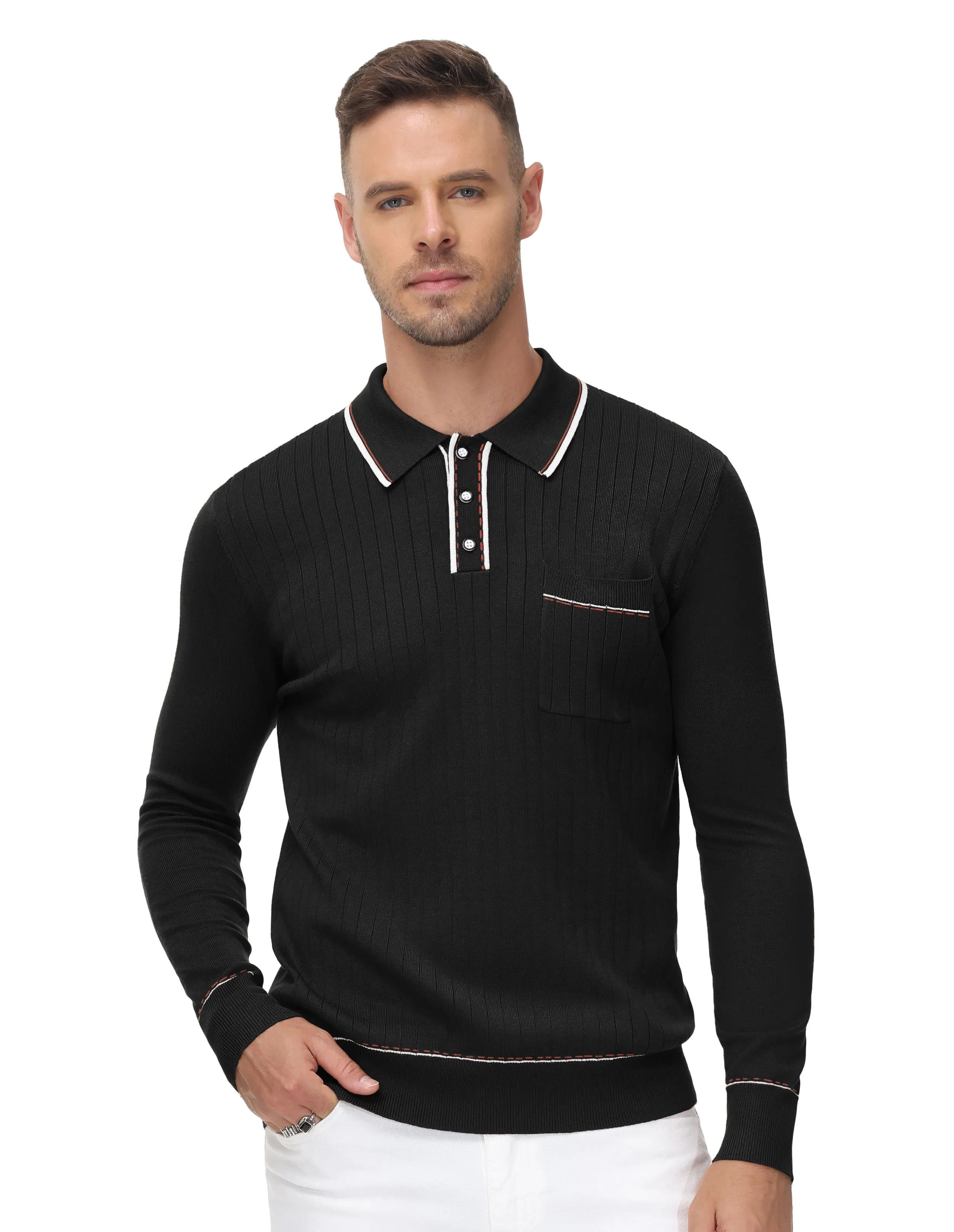 Men Ribbed Sweater Long Sleeve Lapel Collar Button-up Neck Pullover Knitwear