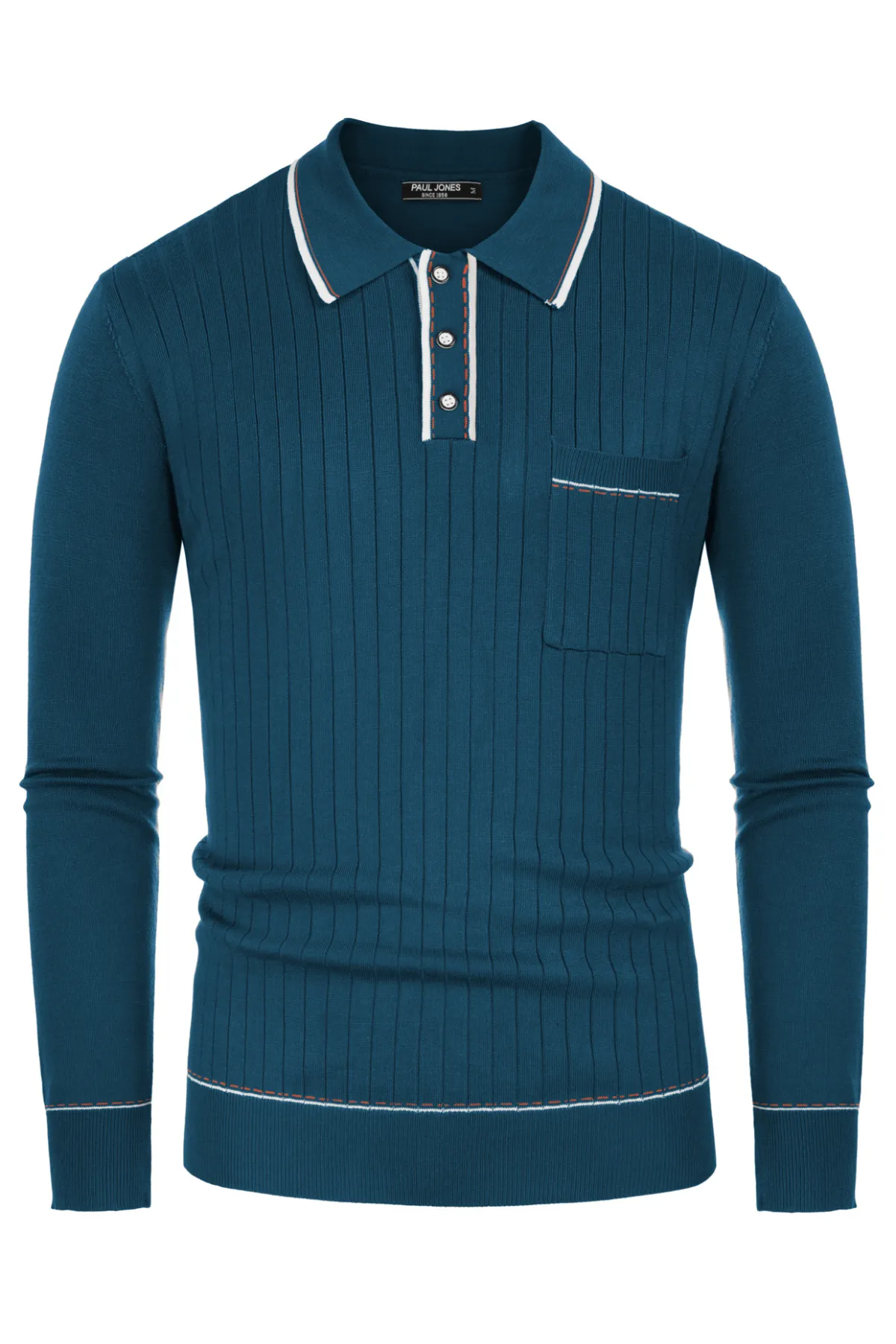 Men Ribbed Sweater Long Sleeve Lapel Collar Button-up Neck Pullover Knitwear