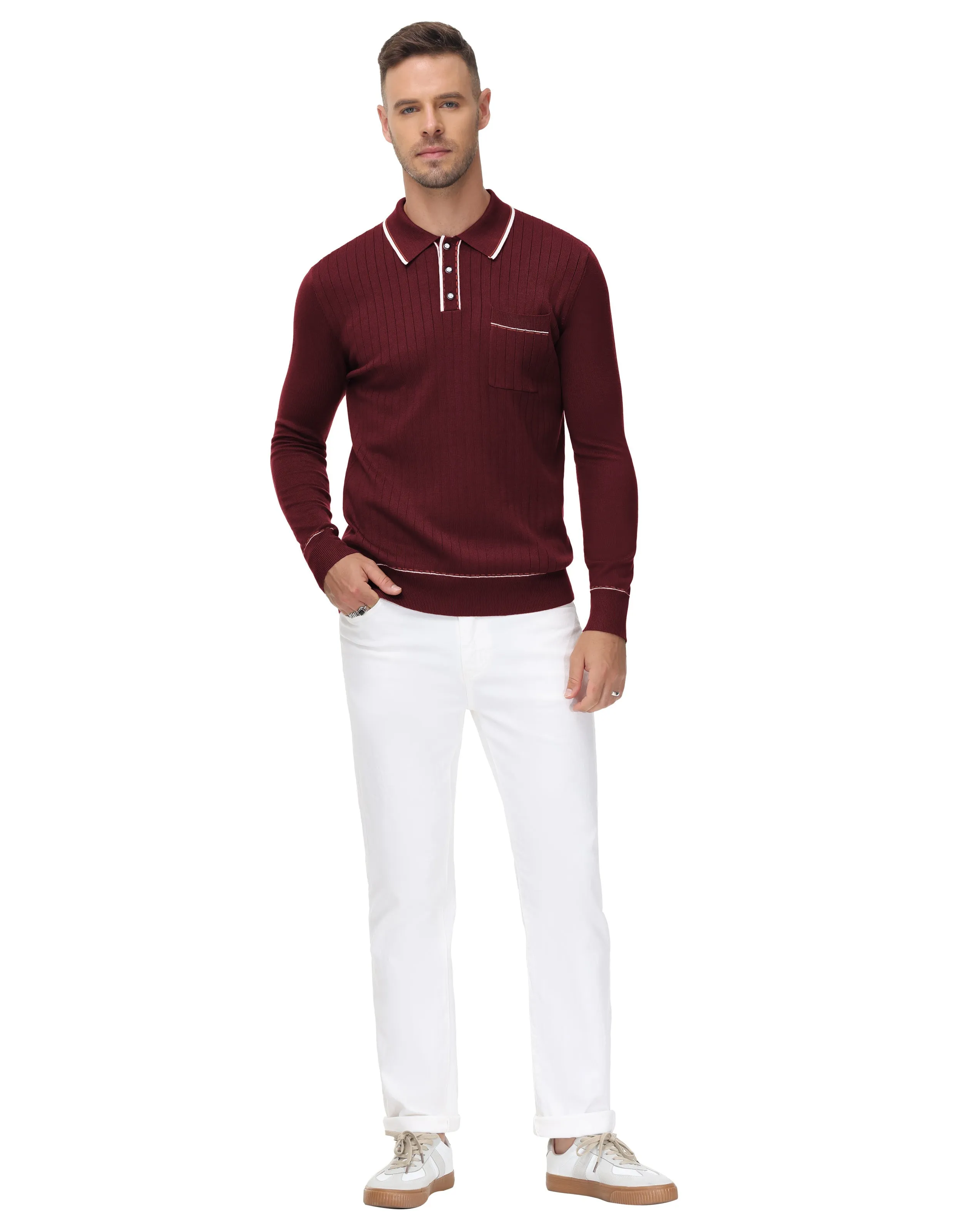 Men Ribbed Sweater Long Sleeve Lapel Collar Button-up Neck Pullover Knitwear