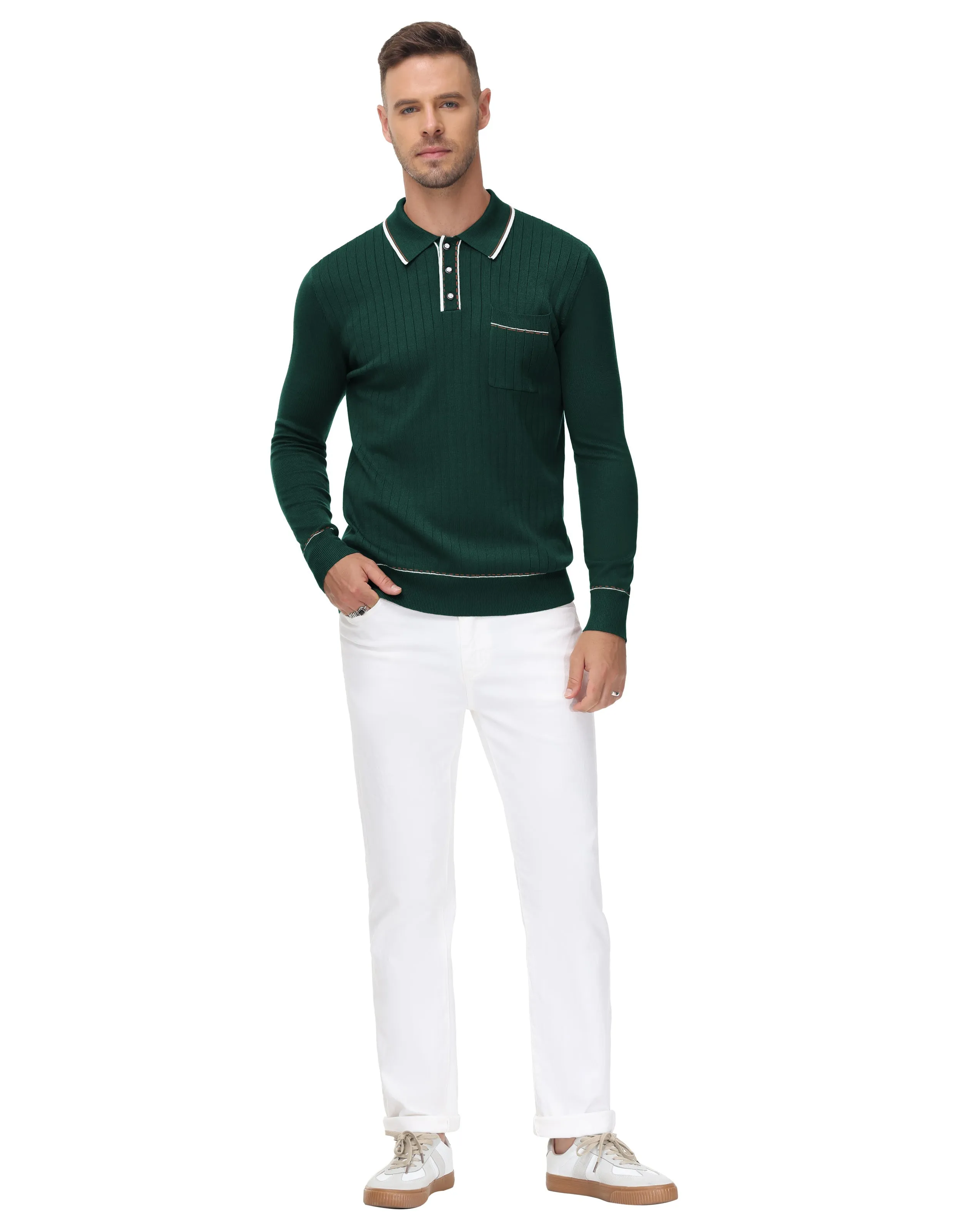 Men Ribbed Sweater Long Sleeve Lapel Collar Button-up Neck Pullover Knitwear
