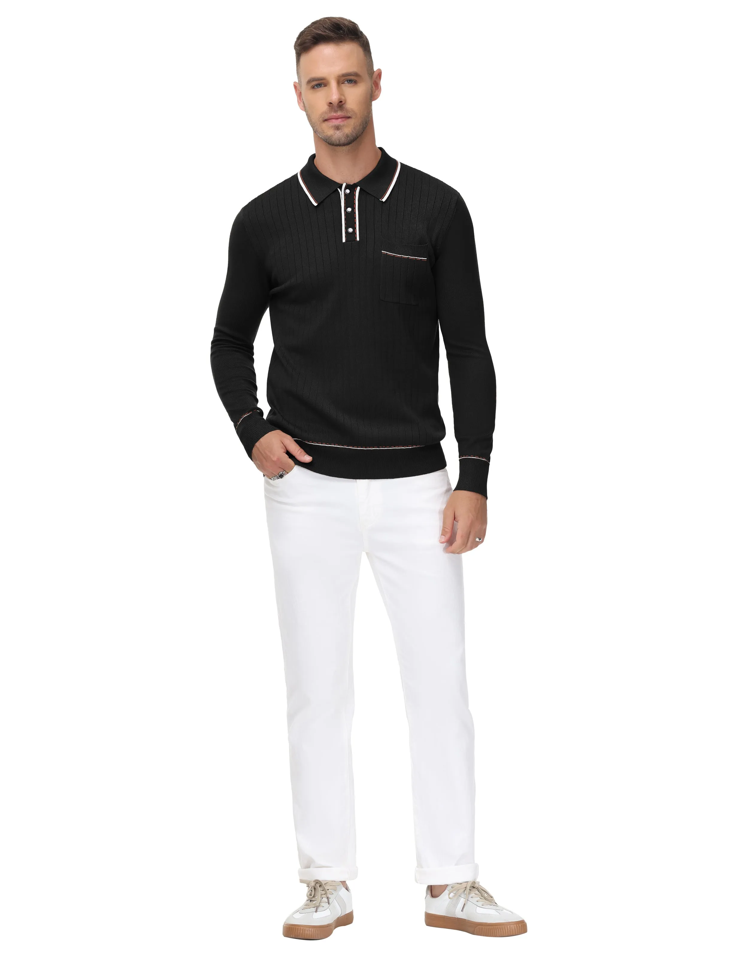 Men Ribbed Sweater Long Sleeve Lapel Collar Button-up Neck Pullover Knitwear