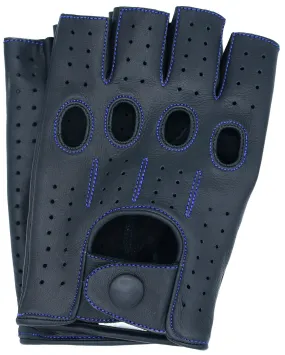 Men's Fingerless Driving Leather Gloves - Black/Blue Thread