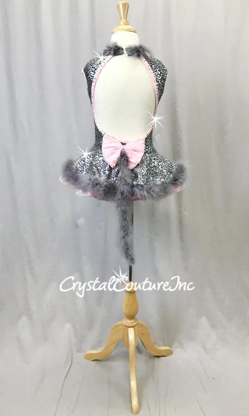 Mouse Inspired Gray and Pink Zsa Zsa Sequin Dress w/Gray Feather Accents - Swarovski Rhinestones