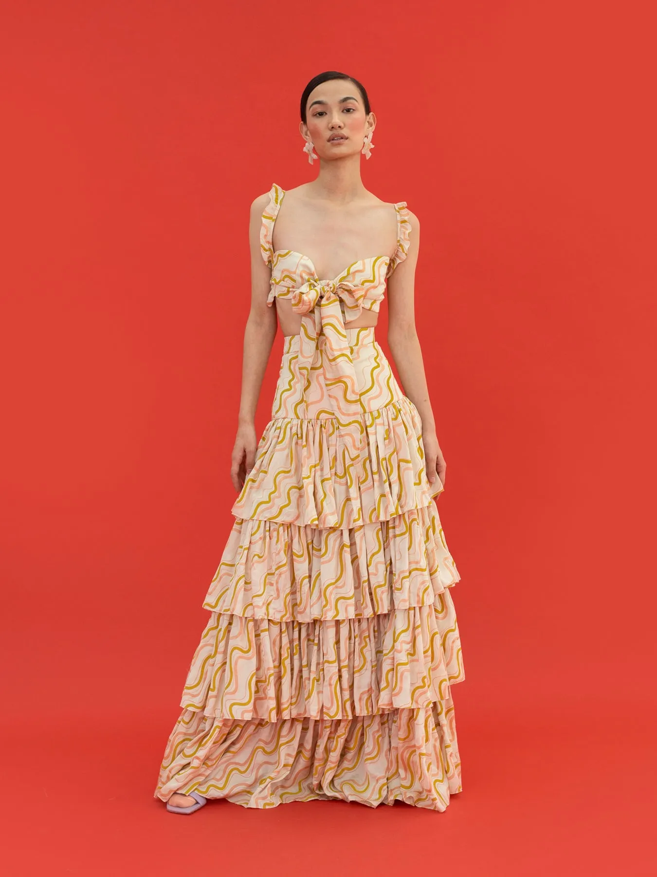 Noa Multi-Tiered Pleated Skirt, Wave Print