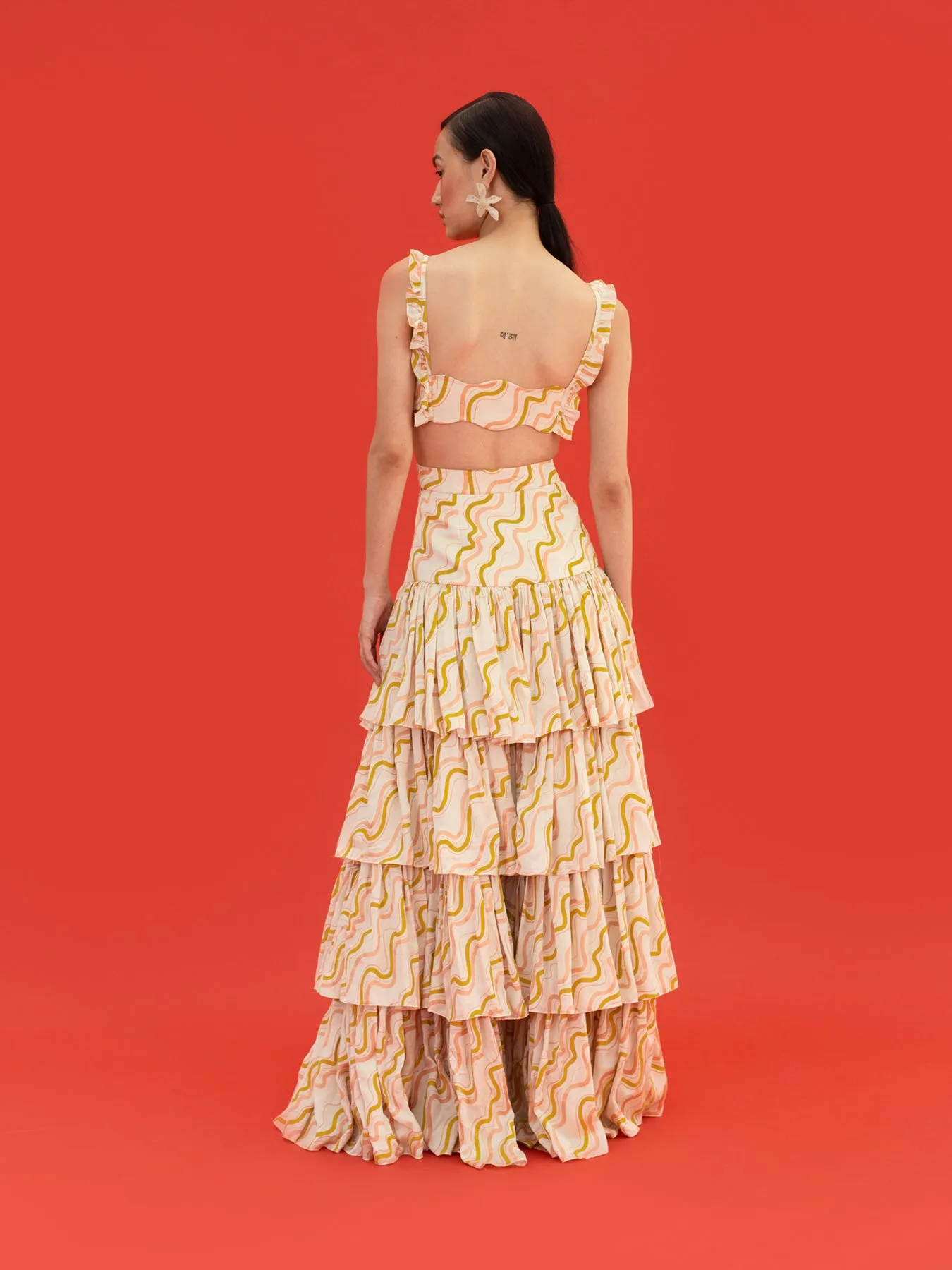 Noa Multi-Tiered Pleated Skirt, Wave Print