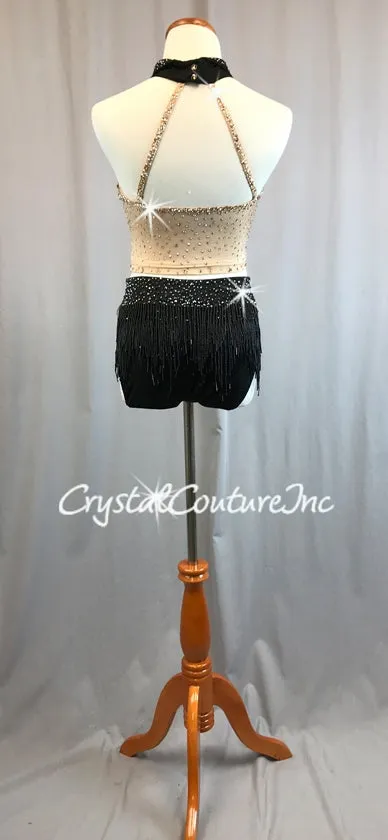 Nude Top with Black Collar/Tie and Black Trunks/Beaded Skirt - Swarovski Rhinestones