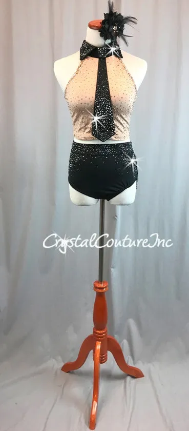 Nude Top with Black Collar/Tie and Black Trunks/Beaded Skirt - Swarovski Rhinestones