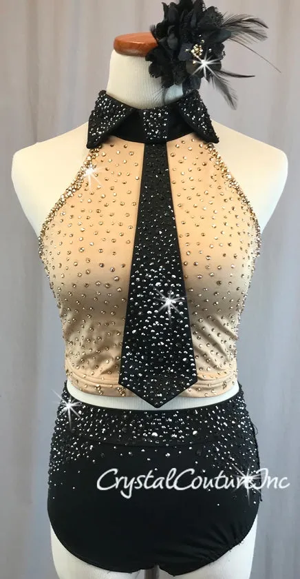 Nude Top with Black Collar/Tie and Black Trunks/Beaded Skirt - Swarovski Rhinestones