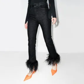 Ostrich Feather Stitching Straight Leg Pants Spring High Waist Western All-Matching Slimming Casual Jeans