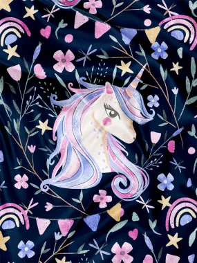 Panneau pour Serviette et Couverture Licorne et fleur navy