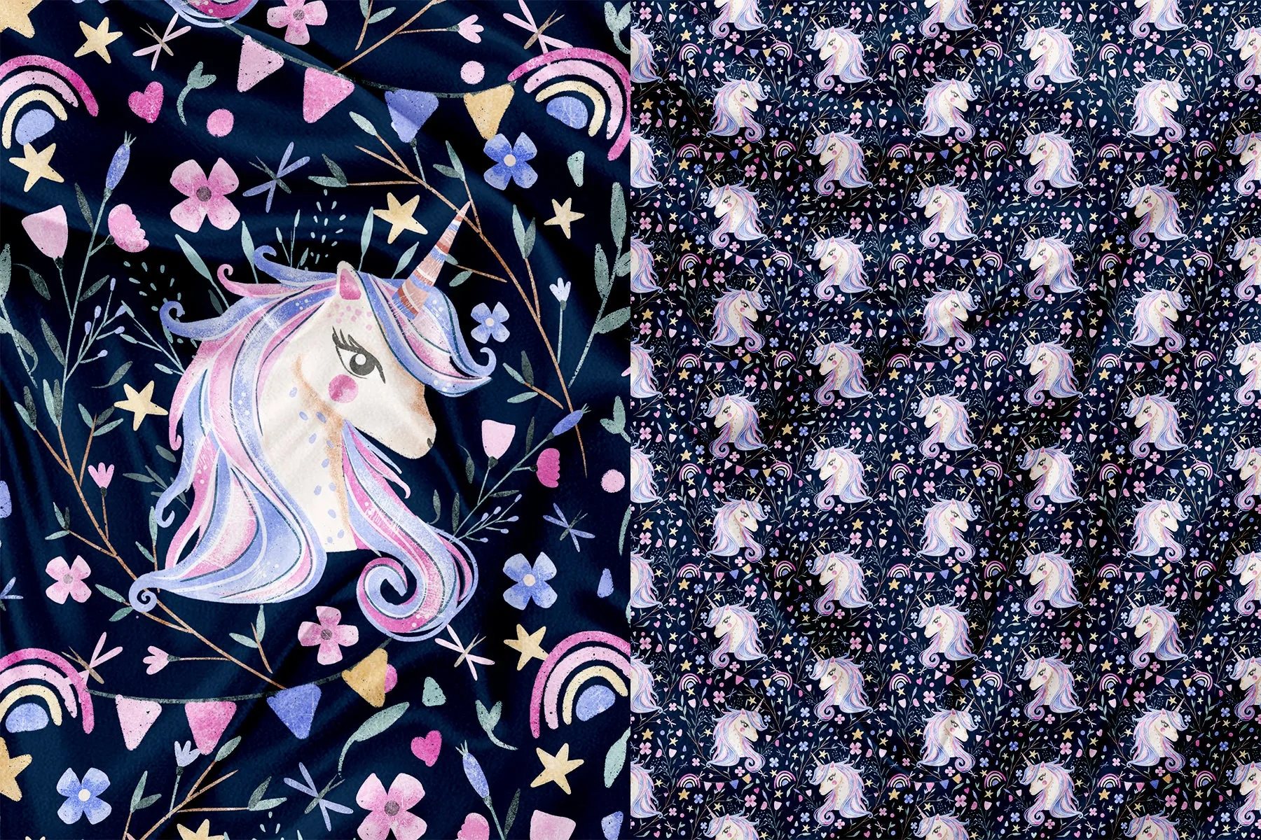 Panneau pour Vêtement et Couverture Licorne et fleur navy