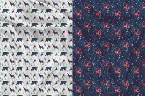 Panneau pour Vêtement et Couverture Ours et Chevreuil Bouquet floral navy