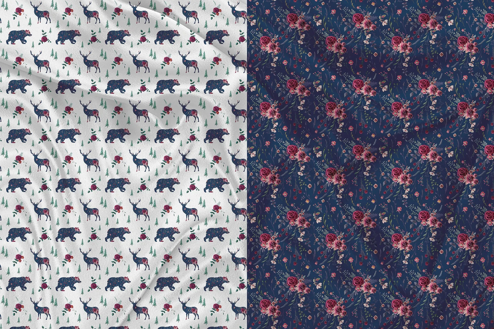 Panneau pour Vêtement et Couverture Ours et Chevreuil Bouquet floral navy