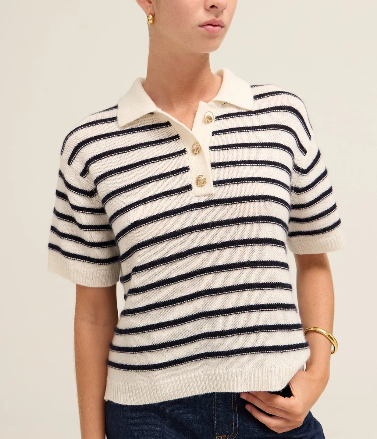 Polo Short Sleeve Sweater in Cream Stripe