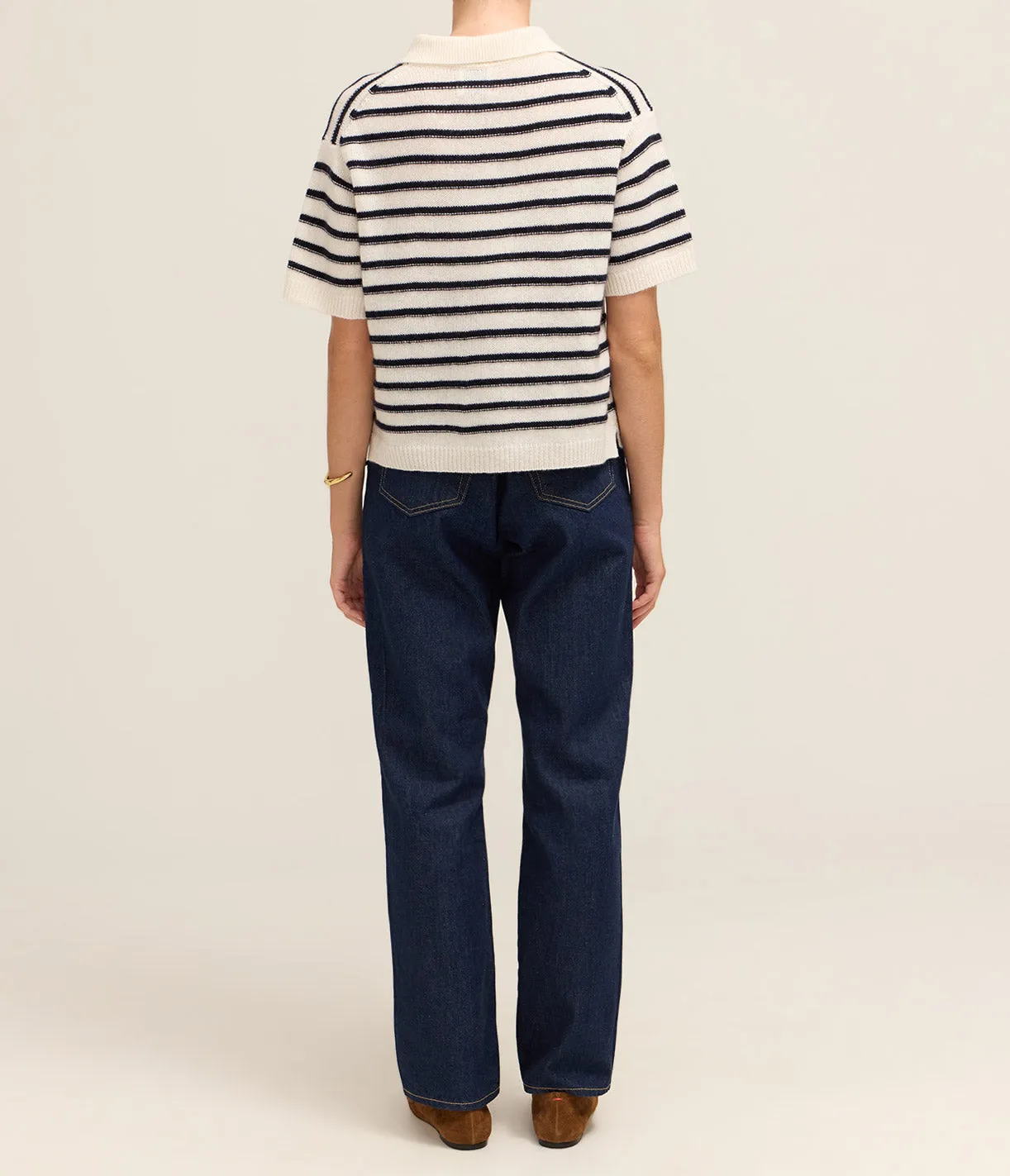 Polo Short Sleeve Sweater in Cream Stripe