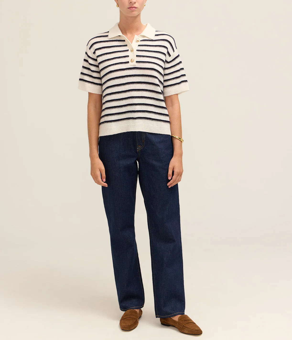 Polo Short Sleeve Sweater in Cream Stripe