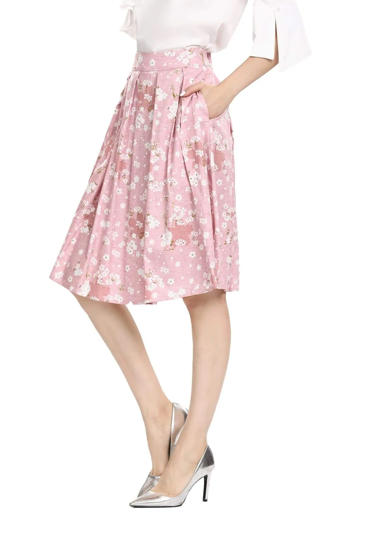 Pretty in Pink Box Pleated Cherry Blossom Skirt with Pockets
