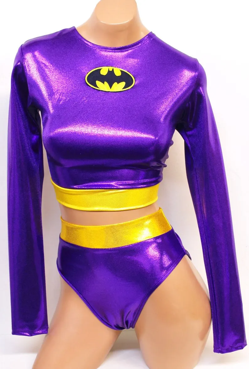 Purple Bat Hero Costume Set with Long Sleeve Top with Highcut Bottoms