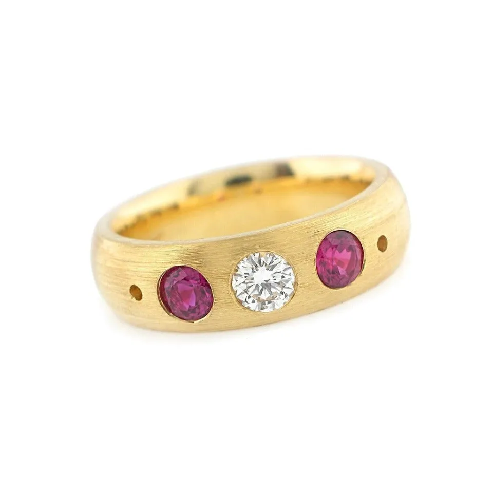 Series 19 | Domed Wedding Band, 18k, 3.5 Ruby x 2, .20ct. Diamond