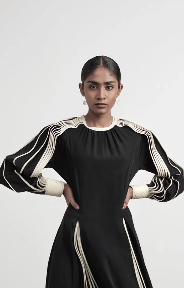 Silk Dress with Hand-bound Pleated Sleeves