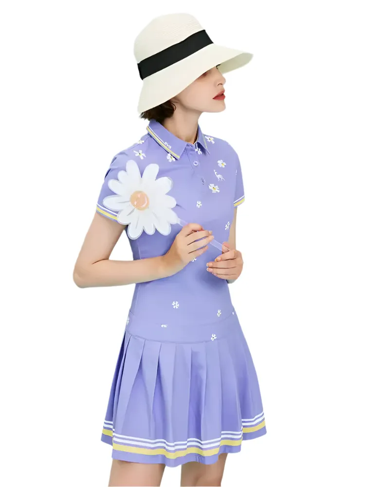 SVG Golf Light Purple Flower Print Pleated Dress