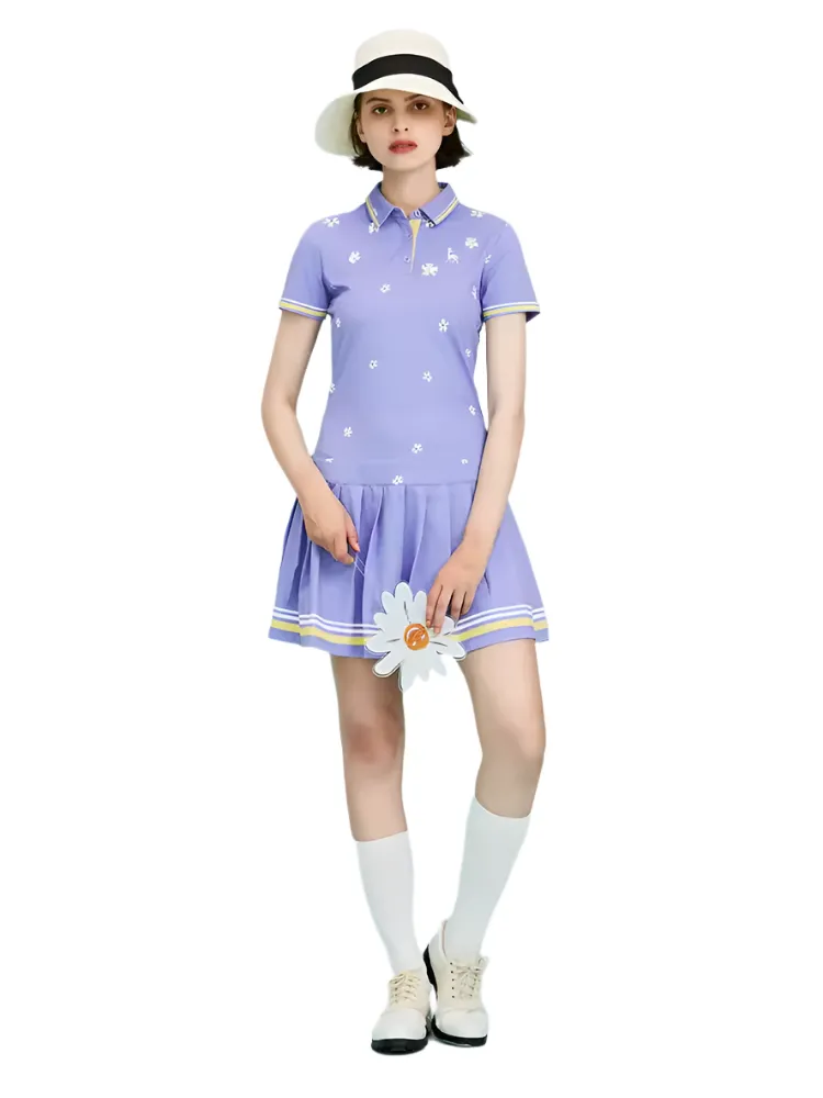 SVG Golf Light Purple Flower Print Pleated Dress