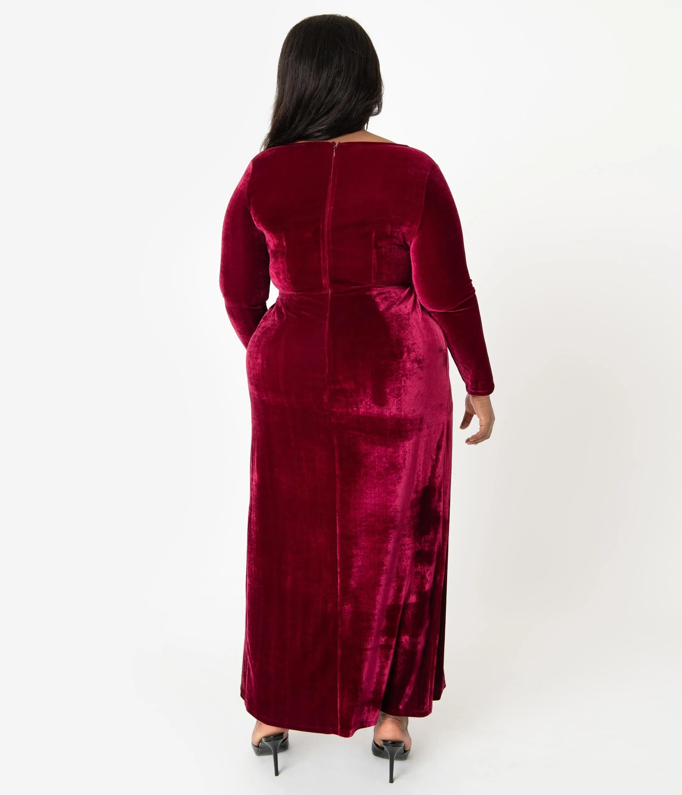 Unique Vintage Plus Size Merlot Red Velvet Sleeved Warner Faux Wrap Dress