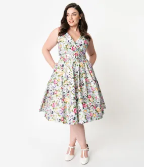Unique Vintage Plus Size Mint & Multicolor Print Halter Tarrytown Hostess Dress