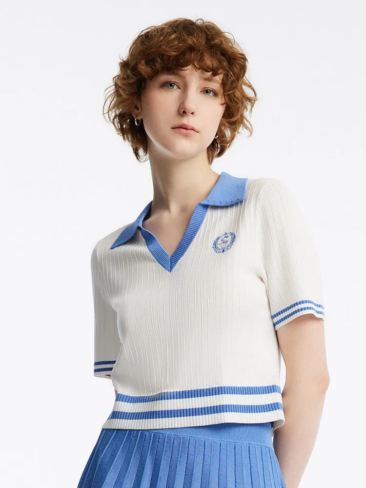 V-Neck Knit Top And Mini Pleated Skirt College Style Two-Piece Set