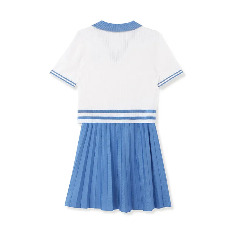 V-Neck Knit Top And Mini Pleated Skirt College Style Two-Piece Set