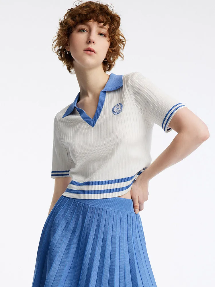 V-Neck Knit Top And Mini Pleated Skirt College Style Two-Piece Set