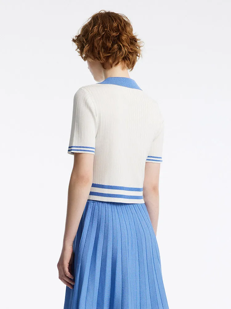 V-Neck Knit Top And Mini Pleated Skirt College Style Two-Piece Set